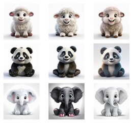 Adorable cartoon lambs and pandas and elephants sit on a white background.  Their expressions are cheerful and their fur is fluffy. They are rendered in a 3D style.