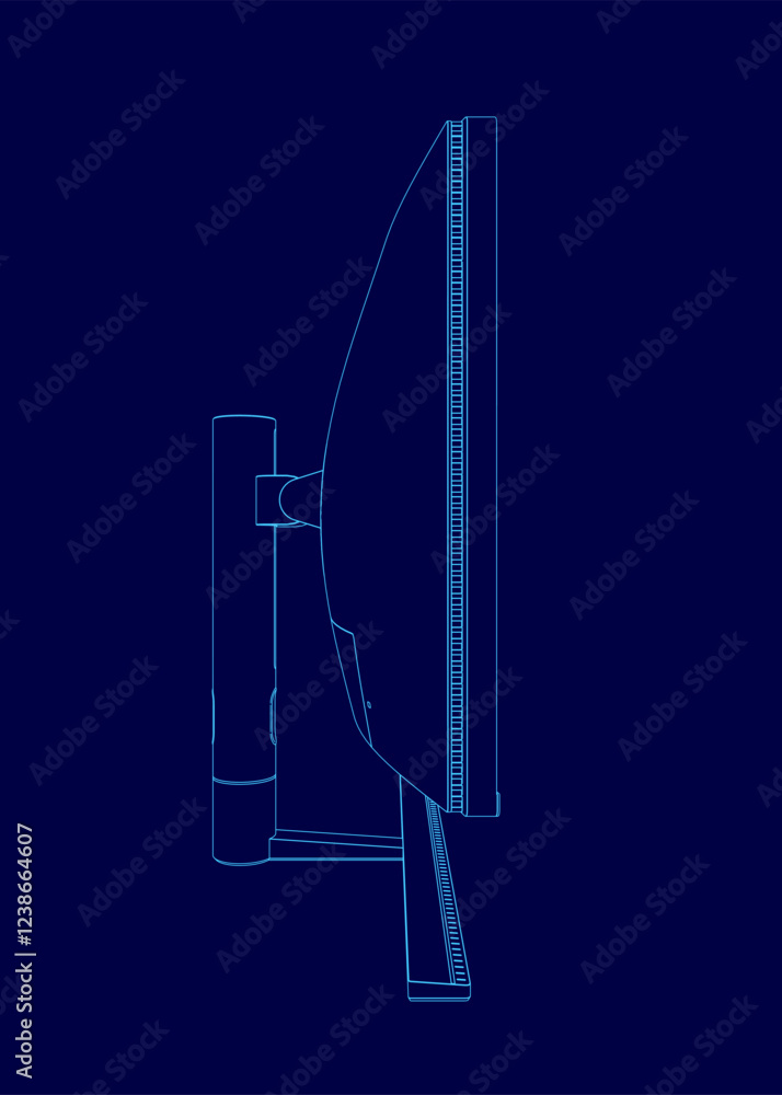 Poster a blue drawing of a computer monitor. the monitor is a large, curved screen with a frame. the image 