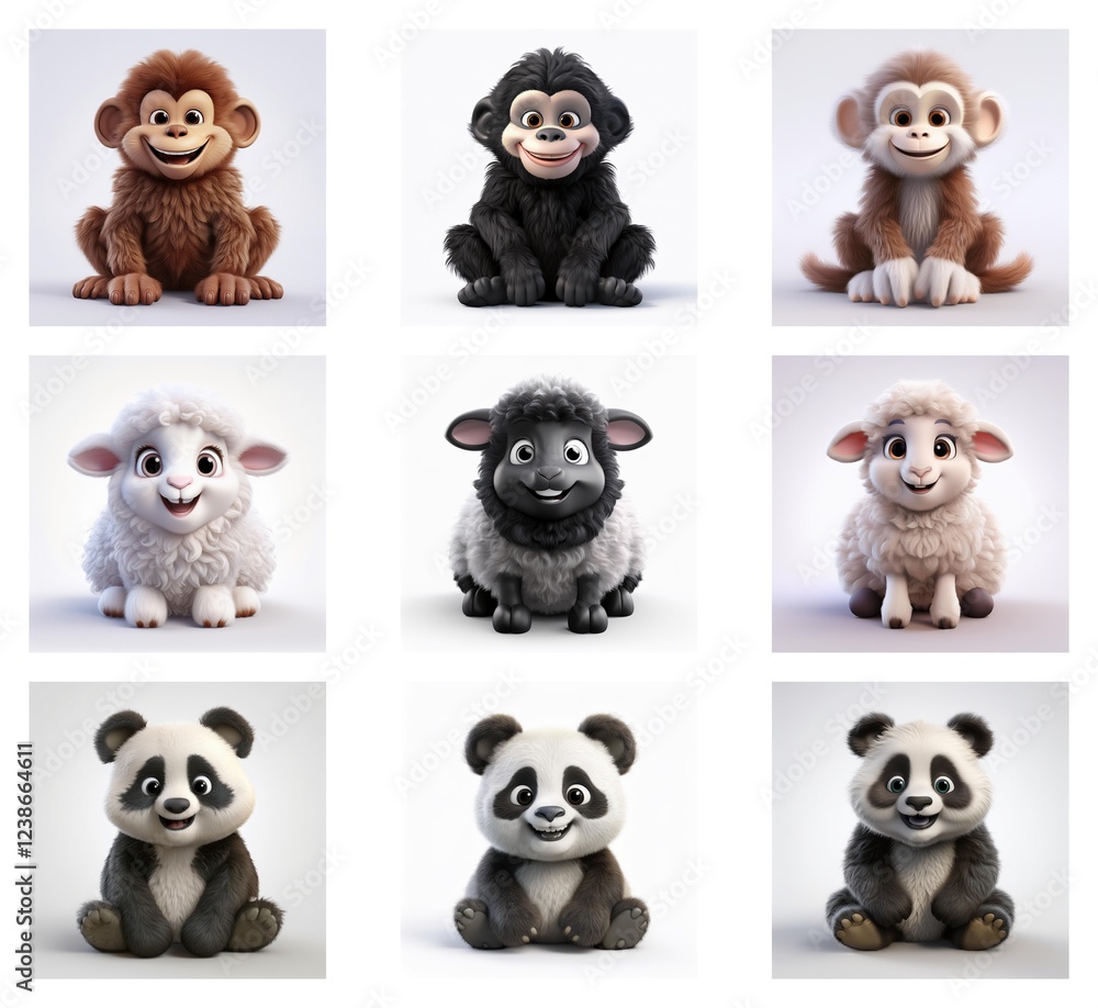Poster adorable 3d rendered baby animals in a grid. monkeys and lambs in varying colors, plus pandas, sit c