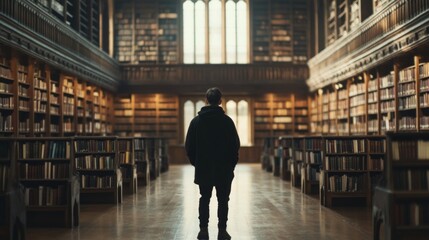 Man contemplates vast library, bookshelves, knowledge