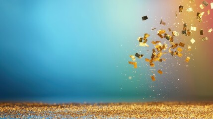 A cluster of gold coins falling from a bright blue sky creating a dynamic and eye-catching scene