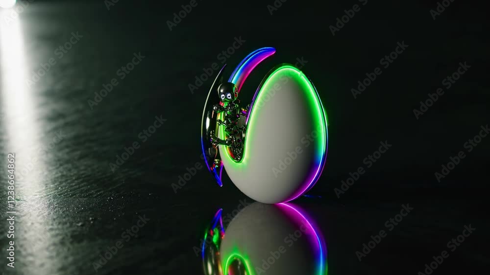 Aufkleber small robot coming out of an egg illuminated by a colorful rainbow light, creating a futuristic and 