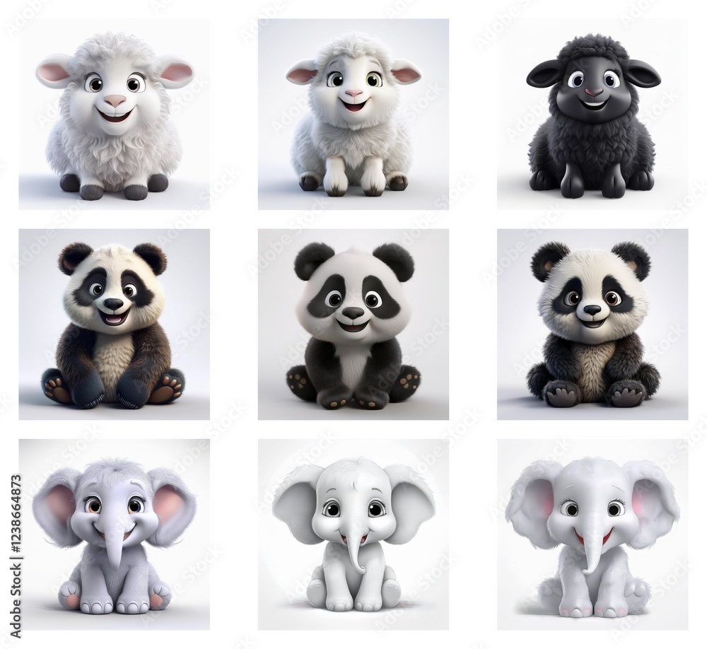 Poster adorable cartoon animals in a grid. three variations of sheep, pandas, and elephants, each with slig