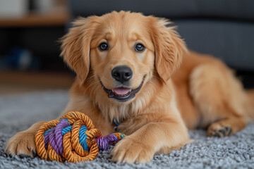 Golden retriever puppy playing with a colorful rope toy indoors