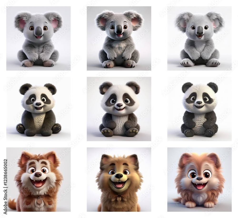Poster adorable 3d-rendered baby animals: koalas, pandas, and fluffy puppies. each animal is presented in t