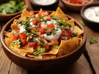 Delicious Homemade Nachos with fresh toppings served in a rustic wood bowl