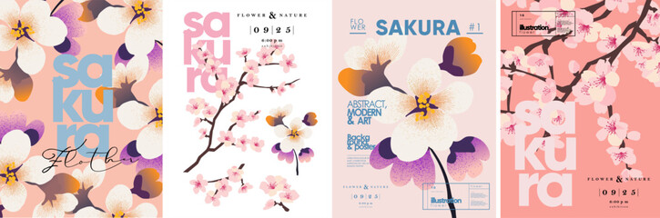 Cherry blossom. Sakura. Vector illustration of isolated abstract spring pink cherry blossom twig, flowers, floral frame for poster, background, cover or card © Ardea-studio