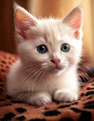 Cute Fluffy Kitten with Light Fur and Pink Nose, Resting on Cozy Blanket