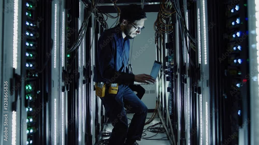 Poster it engineer is diligently working on his laptop, meticulously examining server racks within a state-
