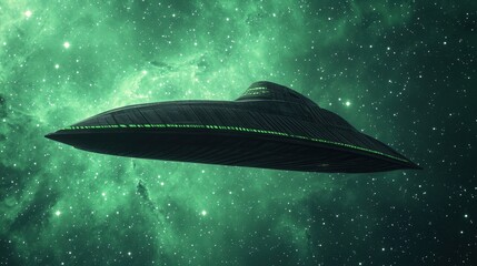 Futuristic UFO Flying Through a Mysterious Green Galaxy Space Scene