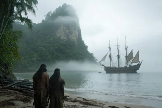 Native Americans stand on the beach, watching with curiosity as a European ship approaches the shoreline, marking a significant moment in history in 1492