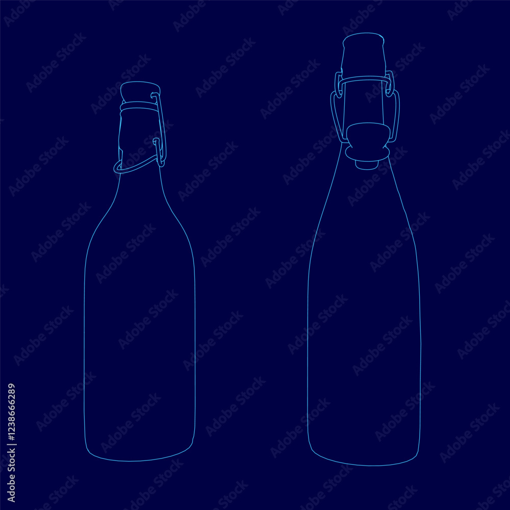 Poster two bottles with a blue background. the bottles are empty and have a blue lid. the bottles are in a 