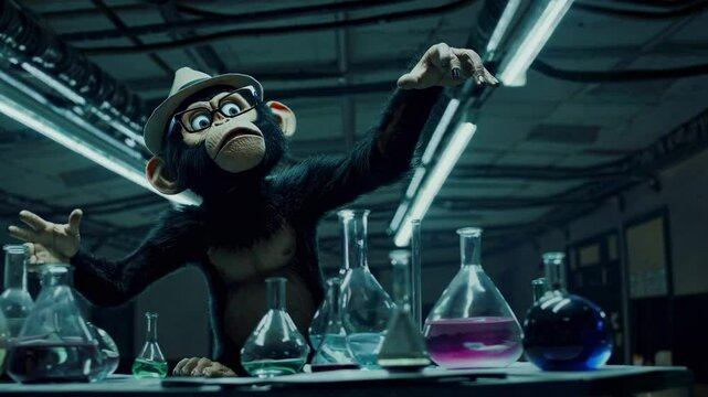 Cgi rendering of a scientist monkey wearing eyeglasses and a hat, pointing at chemical beakers filled with colorful liquids in a laboratory setting, highlighting themes of science and research