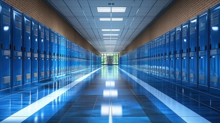 Empty school hallway with blue lockers. (1)