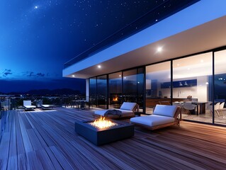 A highrise balcony with a cozy fire pit, lounge seating, and a starry night sky, hyperdetailed, isolated on white background
