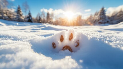 A clear paw print embedded in a blanket of fresh snow, symbolizing nature, wildlife, and the touch of life in a serene winter landscape illuminated by sunlight.