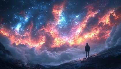 Obraz premium Person stands looking at cosmic clouds on rocky terrain. Ideal for fantasy background use