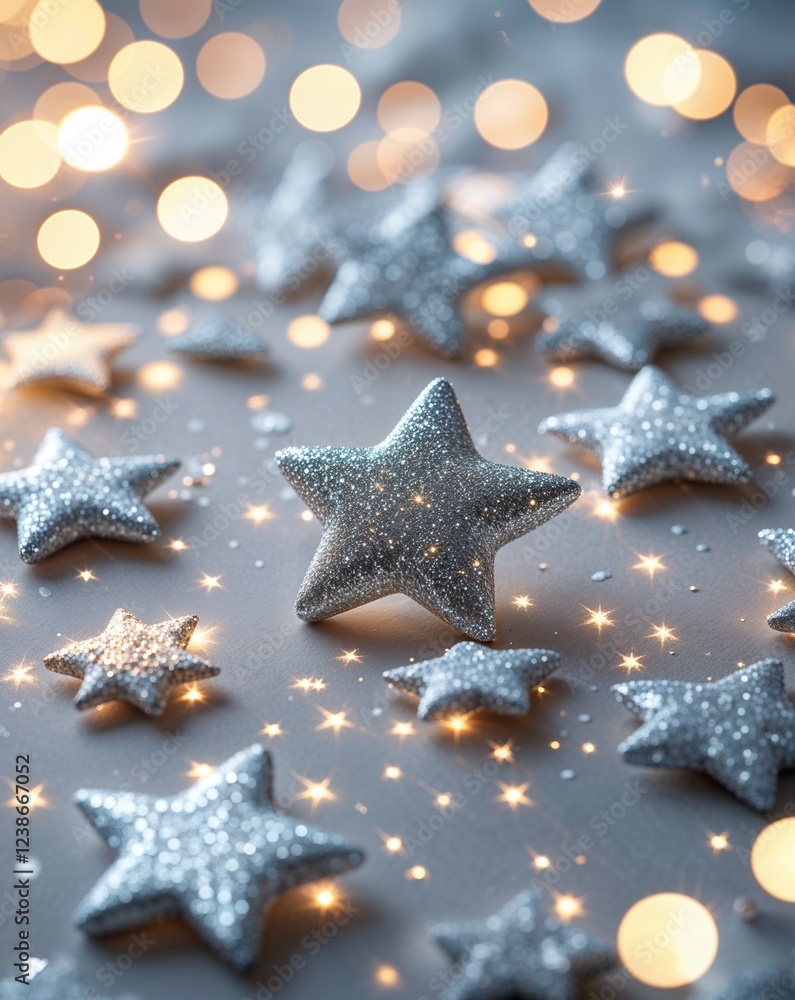 Poster silver glowing glitter stars scattered in a soft twinkling pattern abstract background