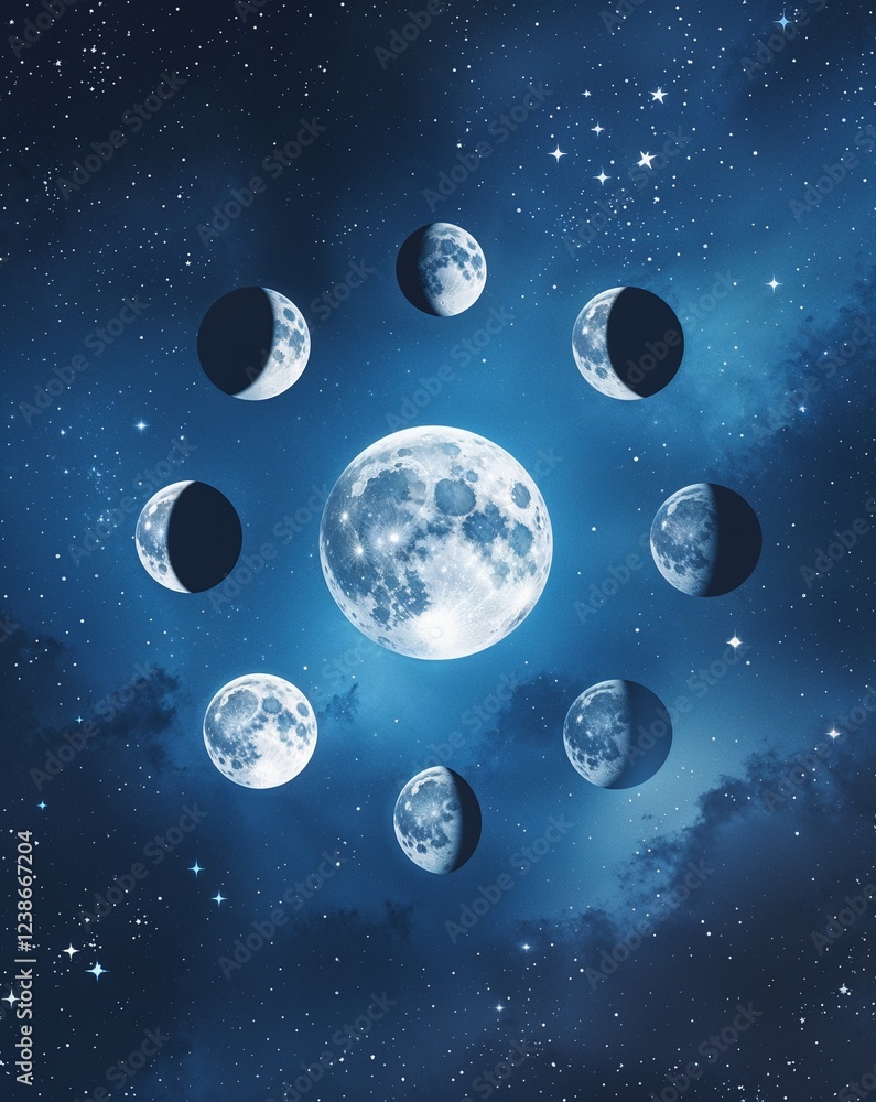 Poster soft blue with floating moon phases and delicate starlight abstract background