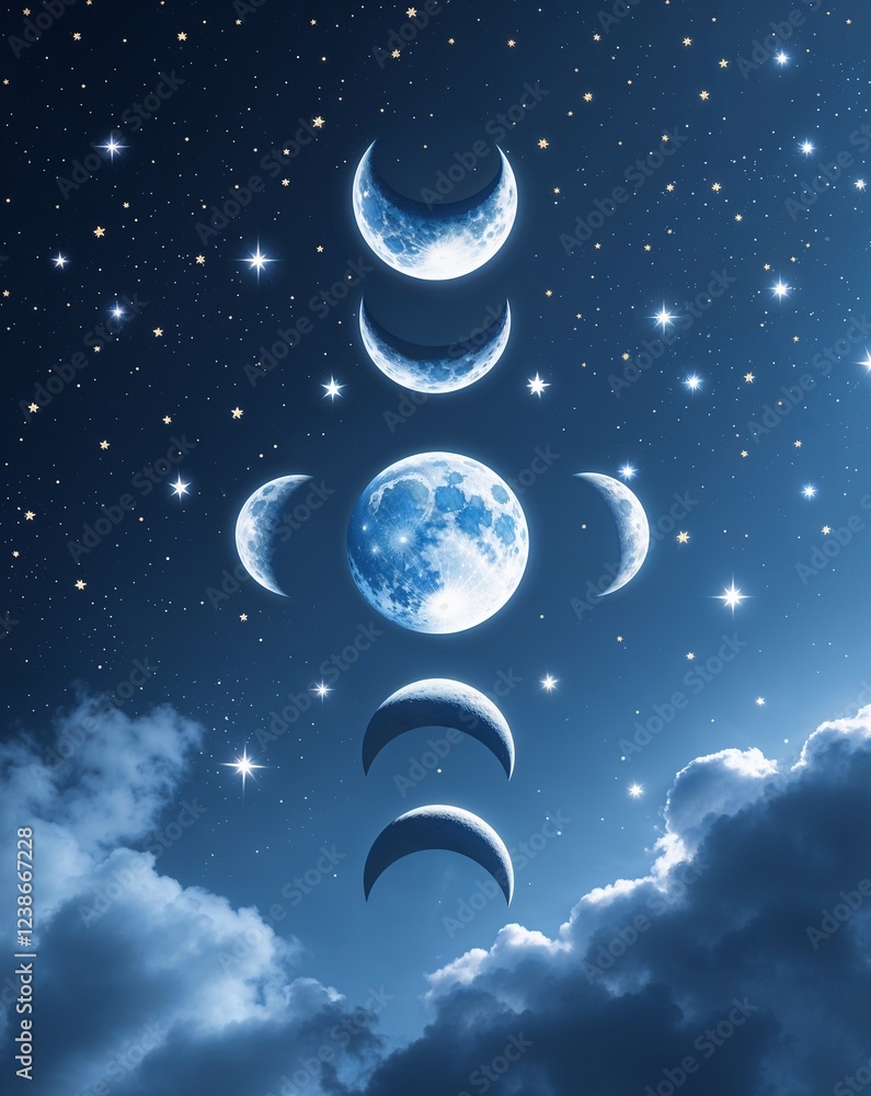 Poster soft blue with floating moon phases and delicate starlight abstract background