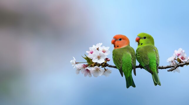 Two birds perched on a branch of a tree against a clear blue sky in a natural setting
