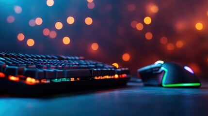 An enticing close-up of a keyboard and mouse illuminated by colorful lights, creating an immersive workspace experienced by modern gamers.