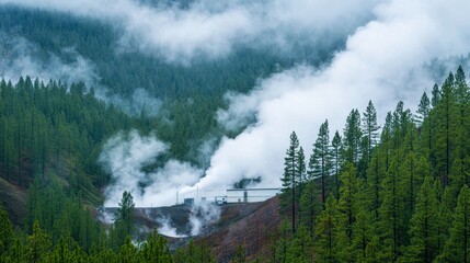 Steam Rising from Geothermal Power Plant Amidst Lush Forest Landscape