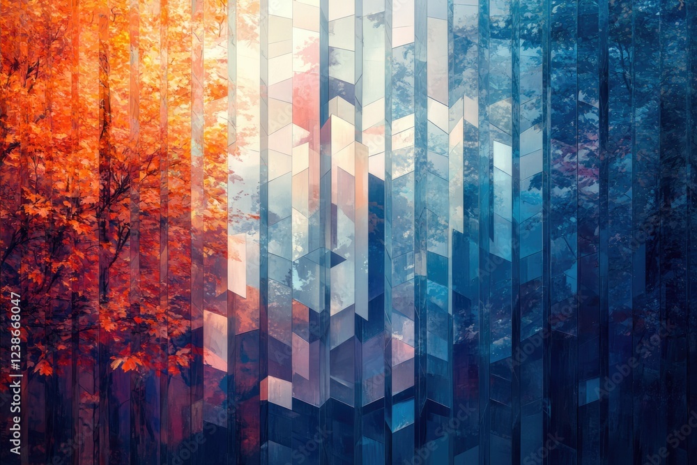 Poster abstract artwork depicting autumn leaves and a modern building, creating a blend of nature and archi