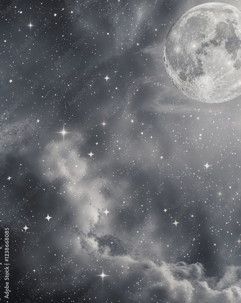 Poster steel gray with subtle moon texture and softly diffused stars abstract background