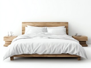 A minimalist guest room with a comfortable bed, soft textiles, and modern decor, ultradetailed, isolated on white background