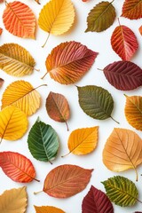 Fototapeta premium Various autumn leaves of multiple shapes and colors are arranged on a flat surface, illustrating the beauty of fall foliage and nature's seasonal changes