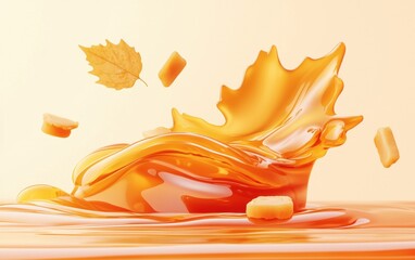 Thick maple syrup splash with warm amber hues and floating pancake pieces on a pastel background