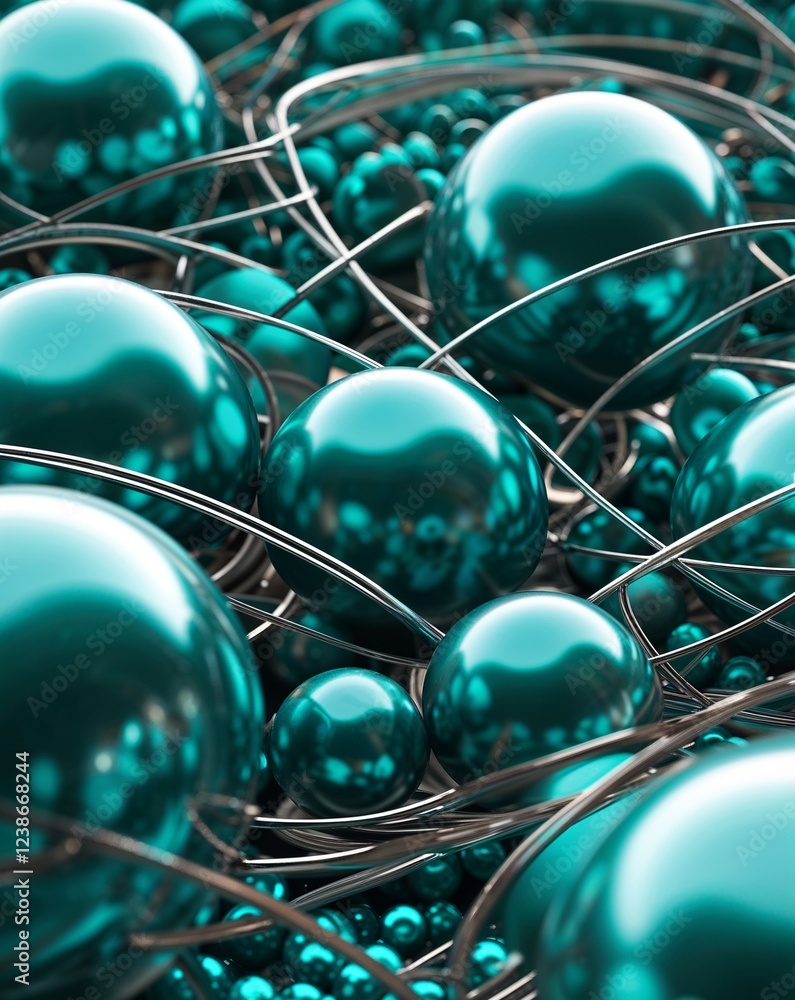 Poster teal metallic balls forming delicate overlapping circular lines abstract background