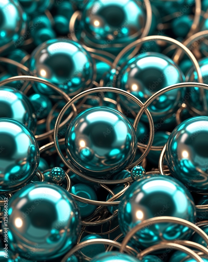 Poster teal metallic balls forming delicate overlapping circular lines abstract background