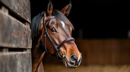 Fototapeta premium A close-up portrait of a majestic horse gazing out from a stable, illustrating the strength and serenity of this magnificent creature in a rustic environment.