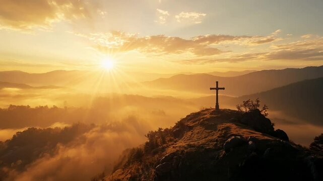 A wooden cross on a hilltop overlooking a golden sunrise, with misty valleys stretching into the distance.
