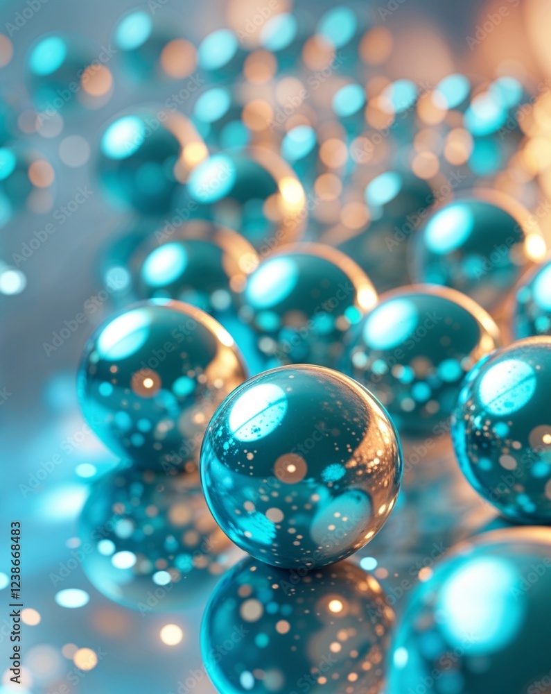 Aufkleber turquoise metallic balls reflecting within soft circular gradients abstract background