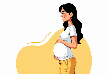 Fototapeta premium Simple flat illustration of a pregnant woman with black hair, holding her belly, in yellow and white, no shadows, with a thin bright line on a plain white background. 