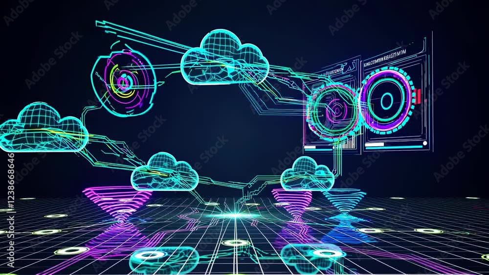Poster polygonal clouds transferring data through neon-colored electronic circuitry with futuristic compute