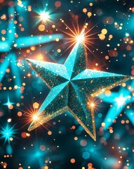 Turquoise vibrant glitter stars sparkling with energetic brightness abstract background