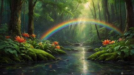 Beautiful Rainbow Arching Over a Green Forest with Sparkling Water and Sunlight
