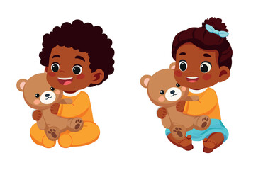 baby boy and girl playing with teddy bear	