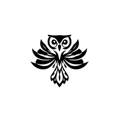 Majestic Owl: Black and White Abstract Bird Design. Perfect for logo, symbol, or tattoo.  Stylish vector illustration of a stylized owl with spread wings.