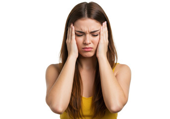 Fototapeta premium Young woman with long brown hair, holding her head with both hands, appearing stressed or in pain, wearing a sleeveless yellow top, isolated on white background