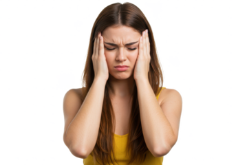 Young woman with long brown hair, holding her head with both hands, appearing stressed or in pain, wearing a sleeveless yellow top, isolated on white background