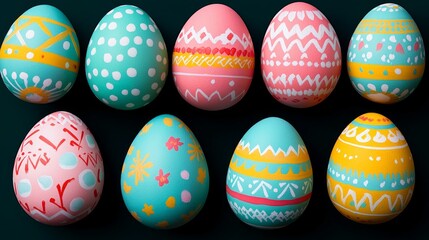 Naklejka premium Brightly colored Easter eggs are displayed on a dark background, featuring various playful patterns and artistic designs perfect for spring celebrations