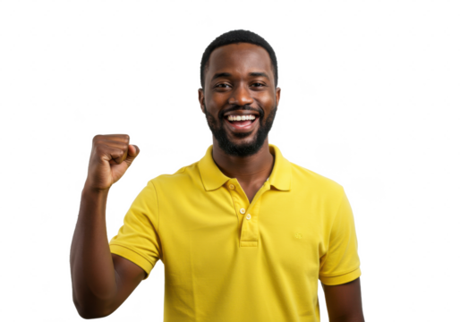 A cheerful man in a yellow polo shirt with a fist raised in excitement, isolated on a white background