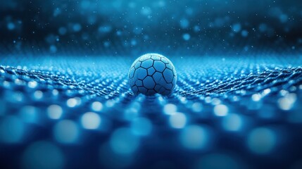 Futuristic soccer ball on blue tech surface.
