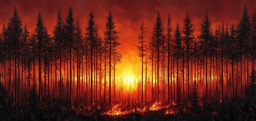 Obraz premium Forest fire engulfs trees at dusk with intense orange flames and smoke rising in the sky