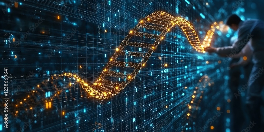 Poster digital representation of dna structure amidst a futuristic data environment shows the fusion of bio
